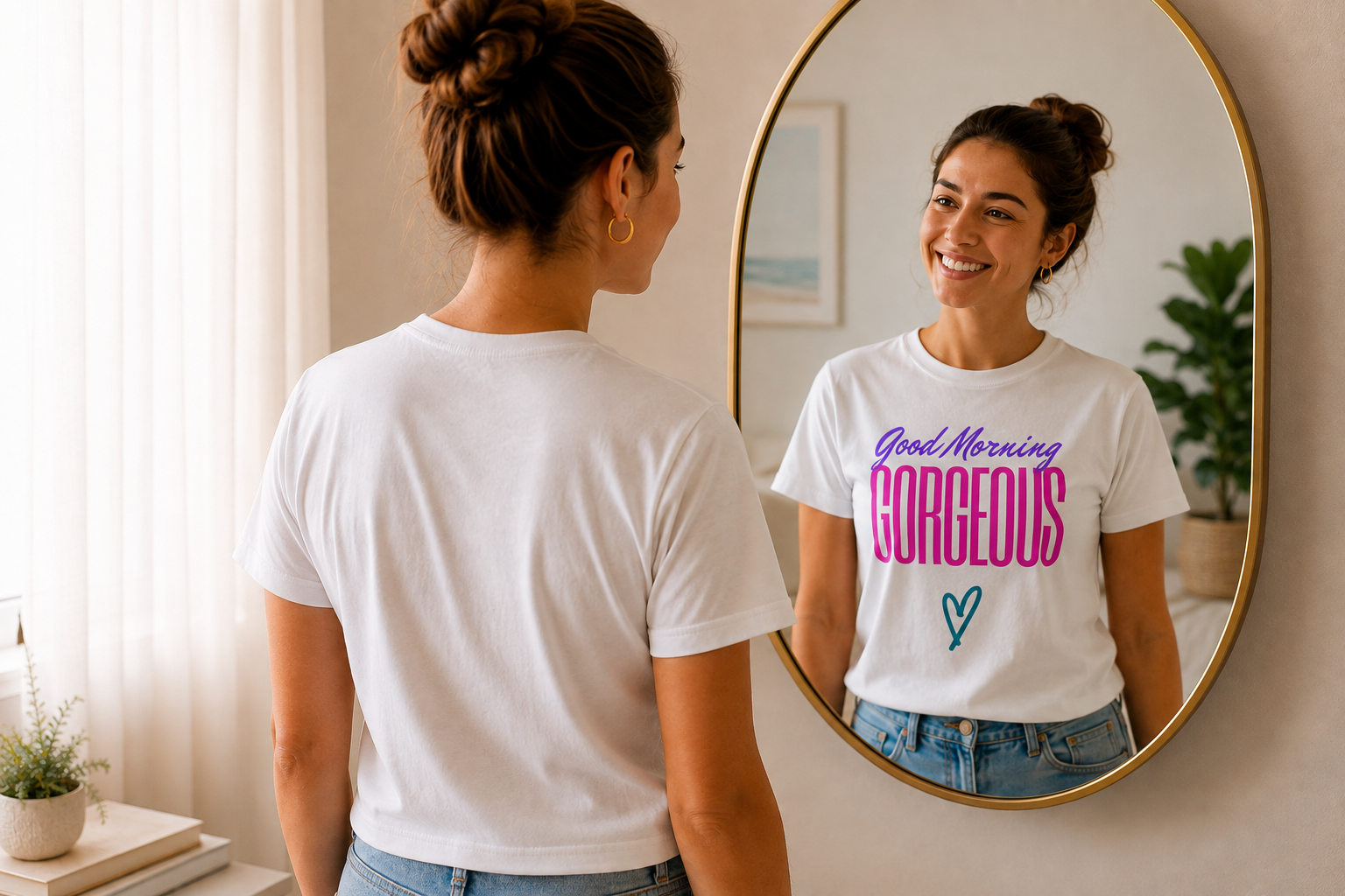 Woman looking at herself wearing an Original Mindset T-shirt